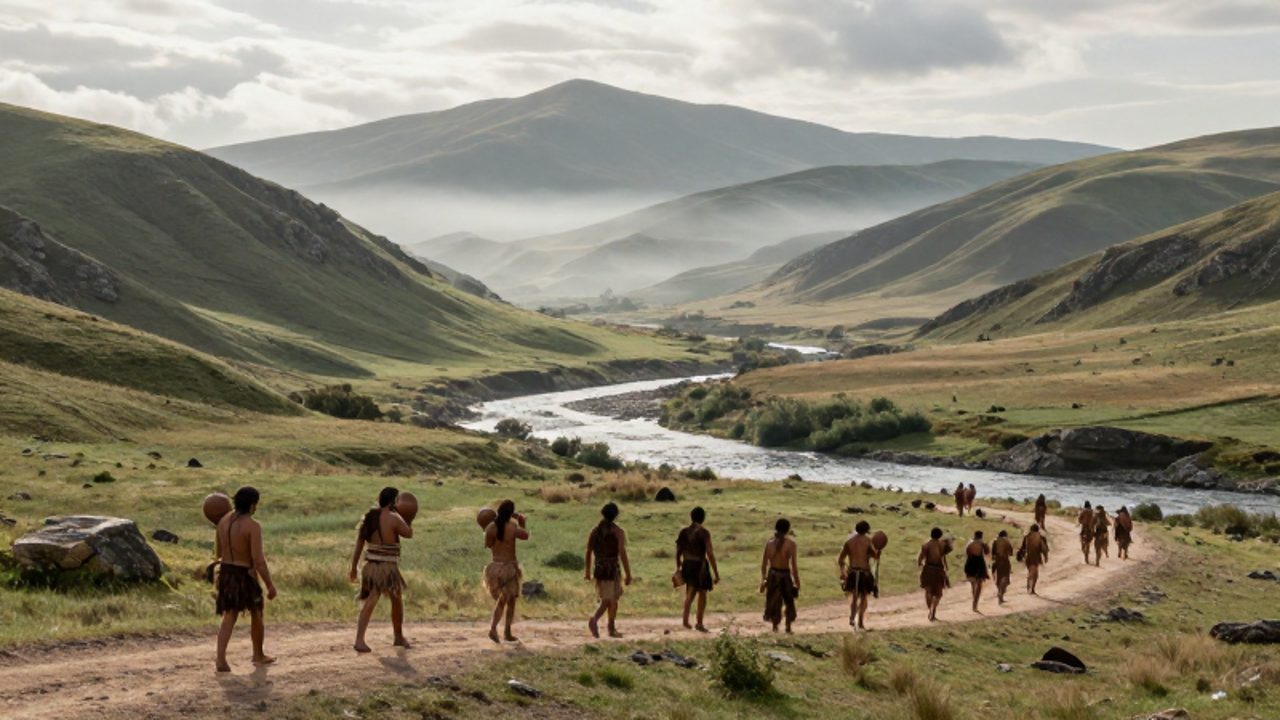 Pequeños grupos de personas con vestimentas de pieles recorren un sendero junto a un río en un valle europeo rodeado de montañas y neblina.