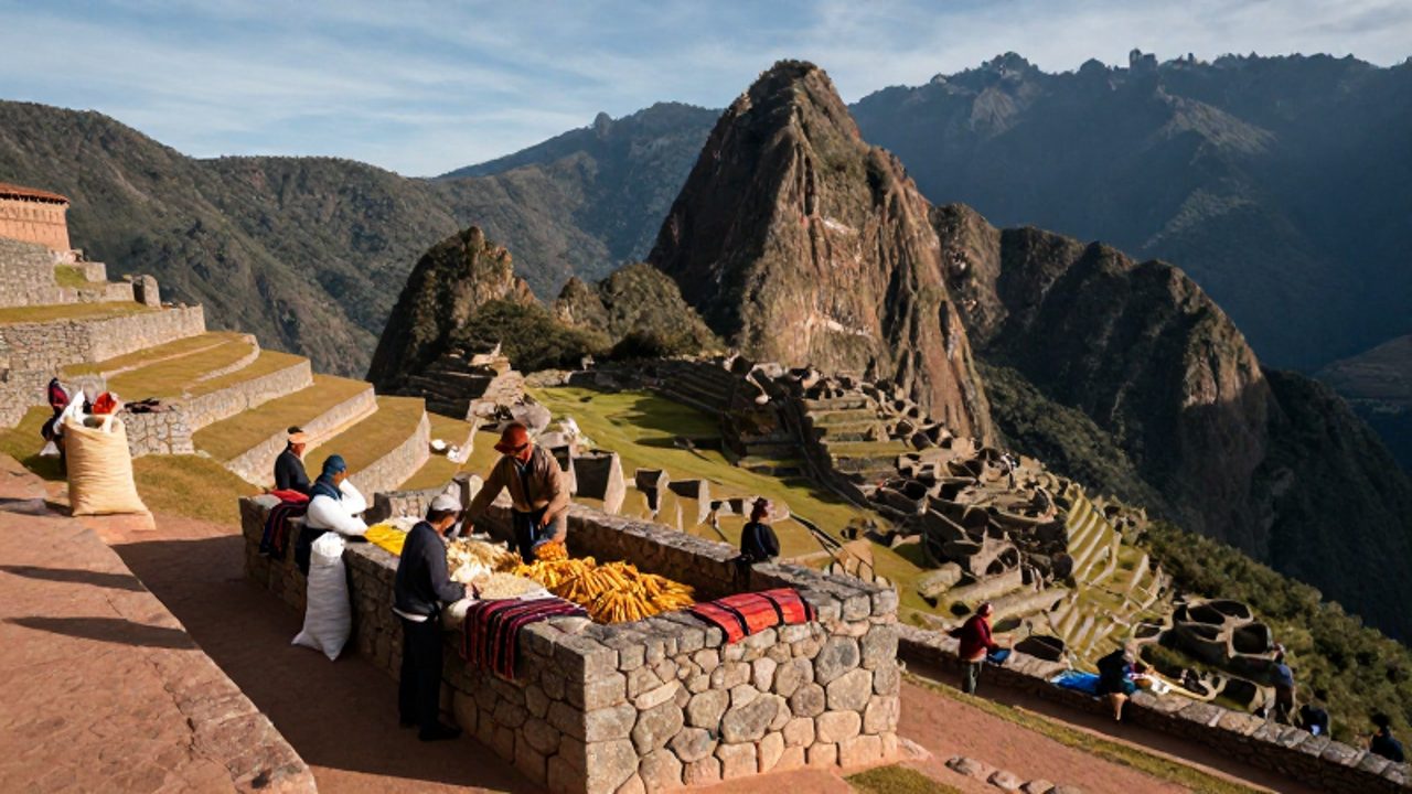 Administrador inca supervisando la redistribución de alimentos en un depósito de piedra situado en terrazas agrícolas andinas.