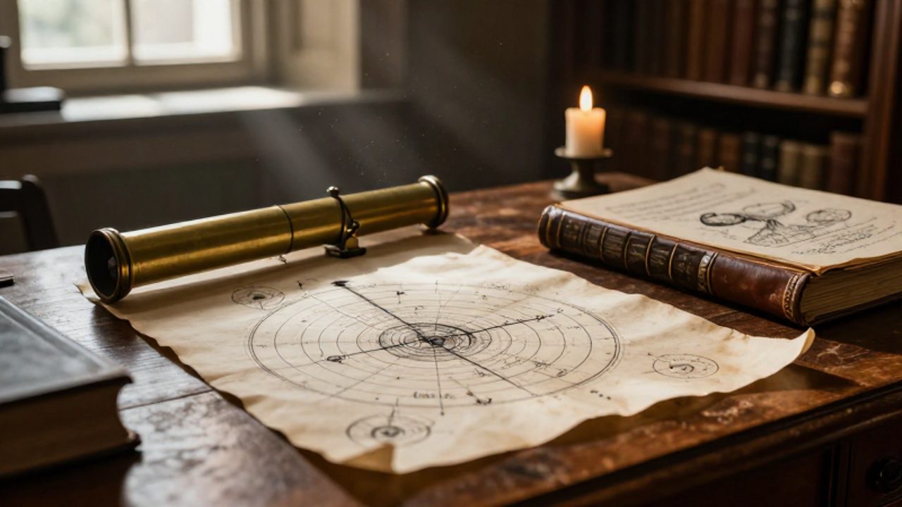 Escritorio de un erudito del siglo XVII con un manuscrito de diagramas astronómicos, un telescopio de latón y un tratado científico sobre un escritorio de madera.