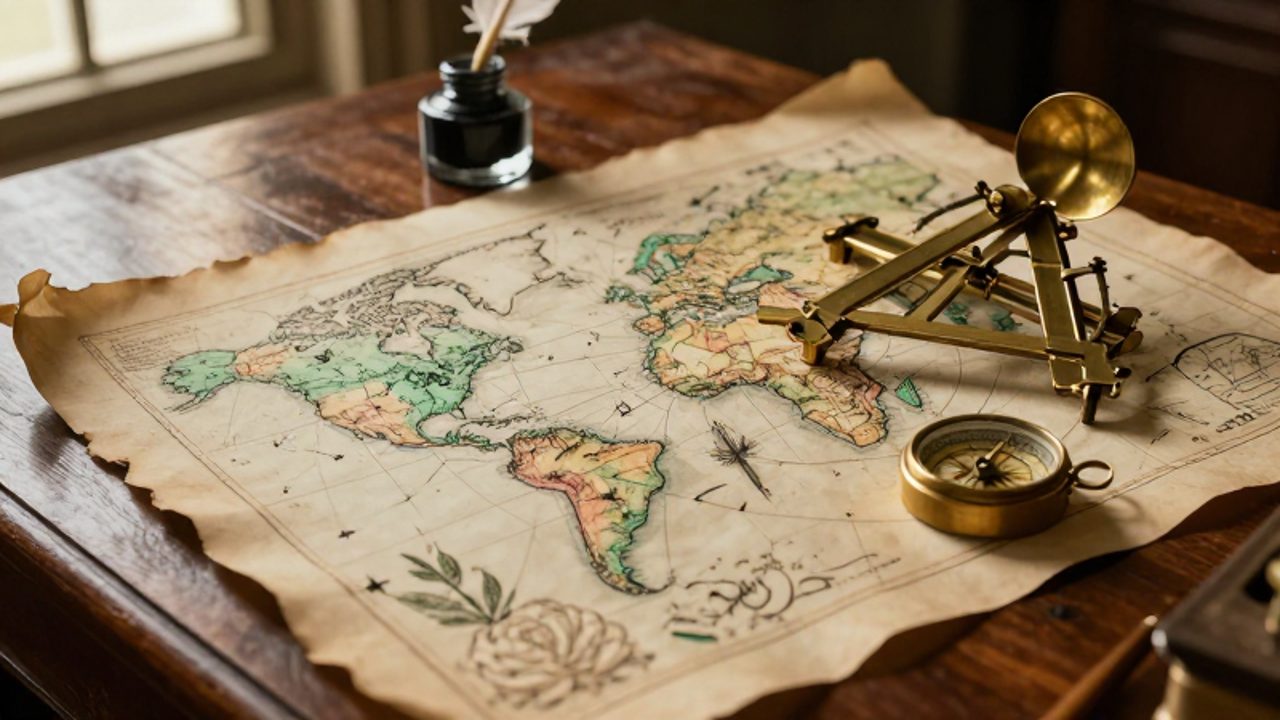 Mapa antiguo de pergamino sobre una mesa de madera junto a un sextante de latón, una brújula y bocetos de constelaciones y plantas.