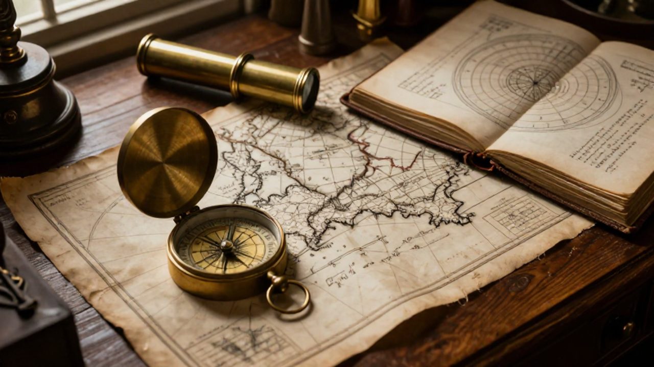 Escritorio de un erudito del siglo XVII con un mapa náutico, una brújula de latón y un manuscrito con diagramas astronómicos.
