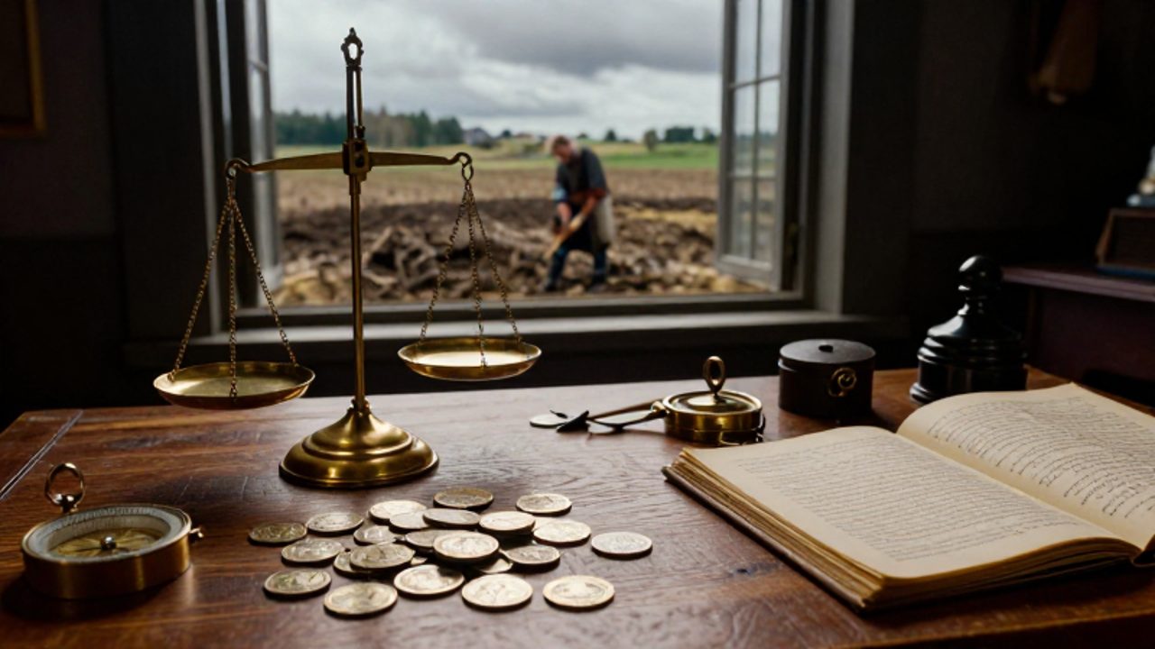 Un escritorio mercantil con balanzas, monedas y libros contables contrasta con un paisaje rural desolado y un campesino trabajando en un campo baldío.