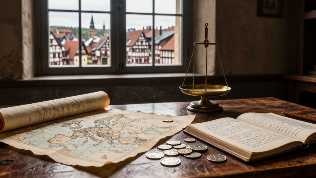 Escritorio de un mercader alemán del siglo XVI con monedas, una balanza de latón y un libro de contabilidad con mapas de rutas comerciales.