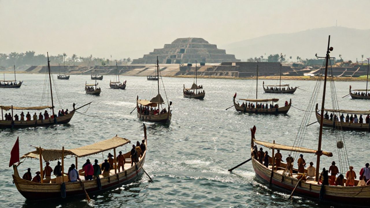Flota de bergantines españoles y naves indígenas navegan por el lago de Texcoco para rodear la ciudad de Tenochtitlán.