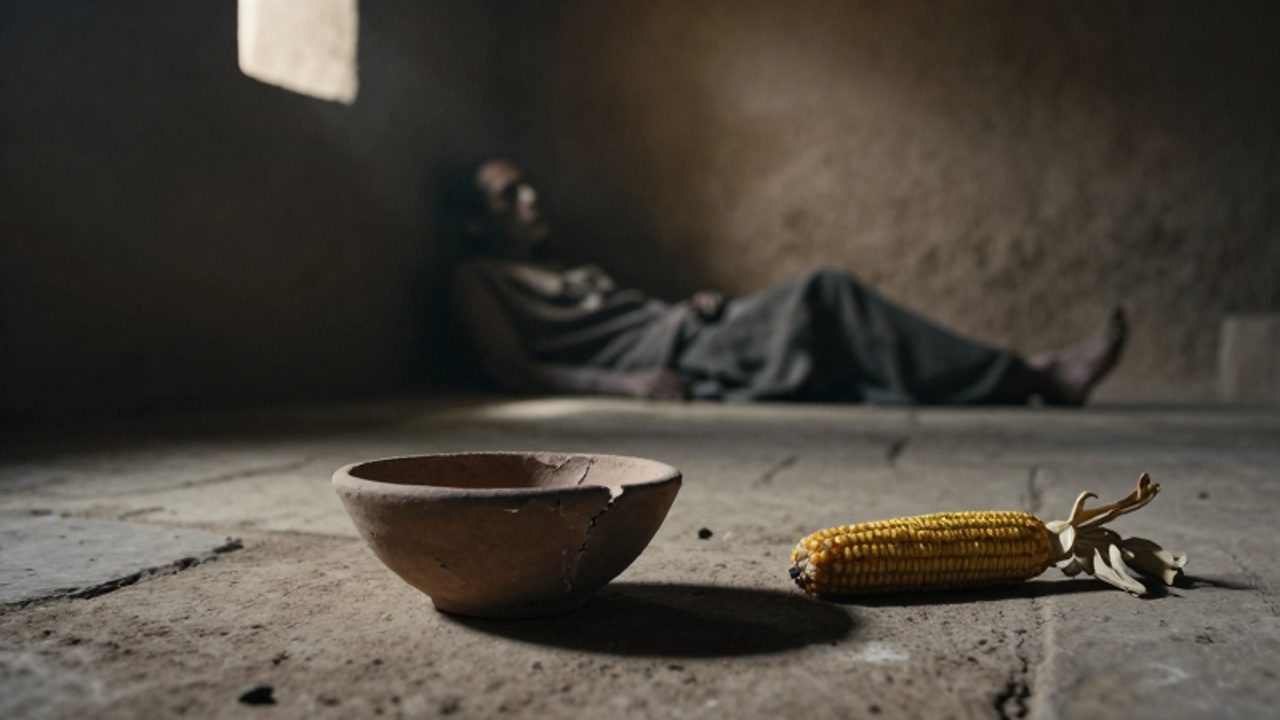 Un cuenco de barro vacío y una mazorca seca sobre el suelo de una vivienda mexica, con la silueta de una persona enferma al fondo, simbolizando la hambruna y la enfermedad durante el asedio.