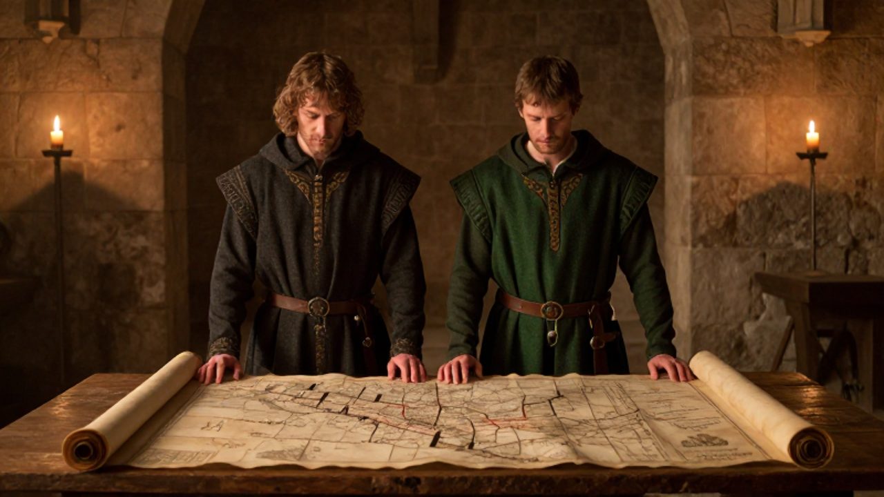 Dos nobles francos con túnicas bordadas examinan un mapa de pergamino sobre una mesa de madera en un salón medieval iluminado por velas.