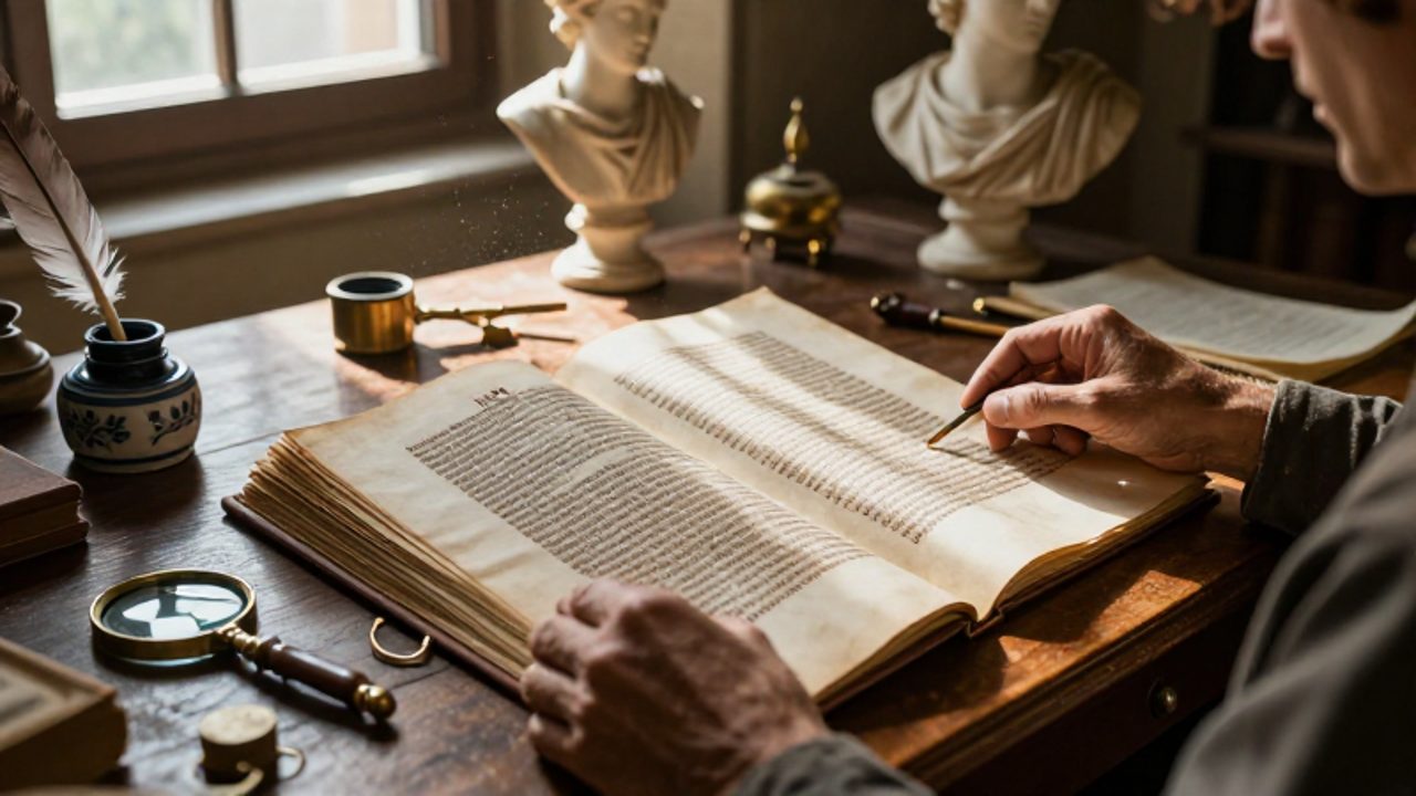 Unas manos pasan con cuidado las páginas de un manuscrito griego antiguo sobre un escritorio de madera con pluma y elementos de estudio en un despacho florentino.