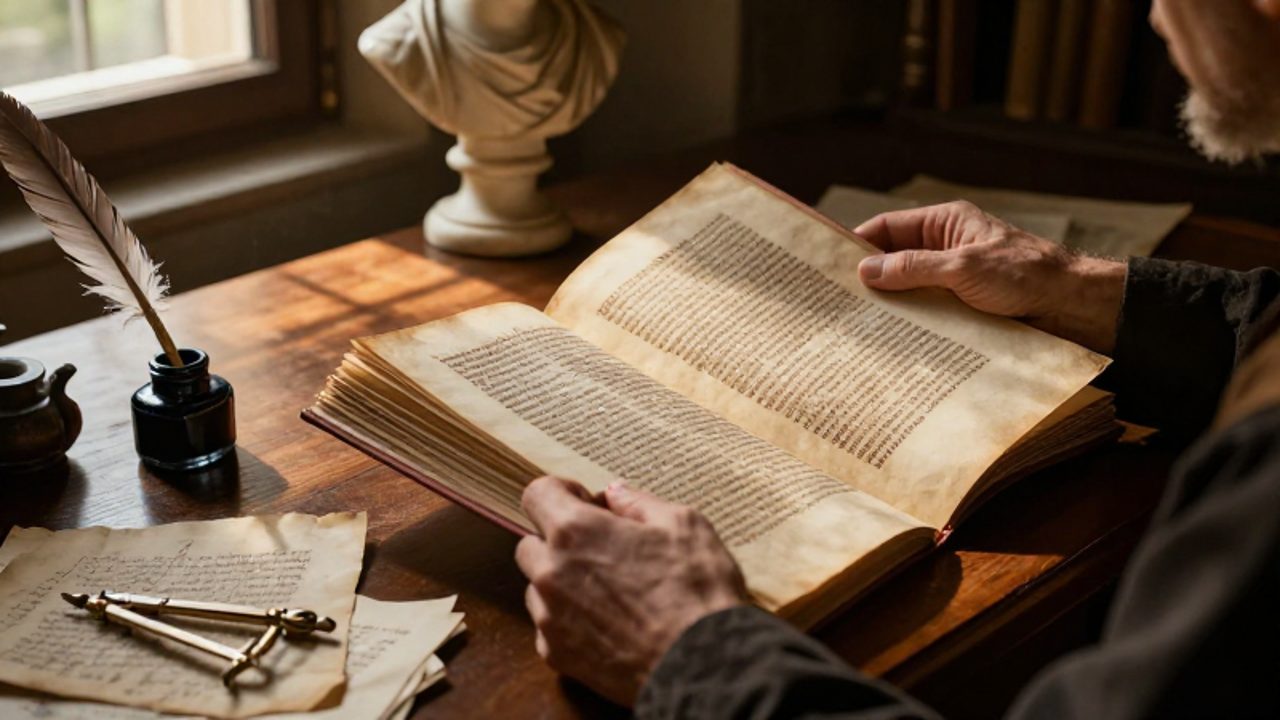 Manos de un erudito pasando las páginas de un antiguo manuscrito latino sobre un escritorio de madera en un estudio renacentista.