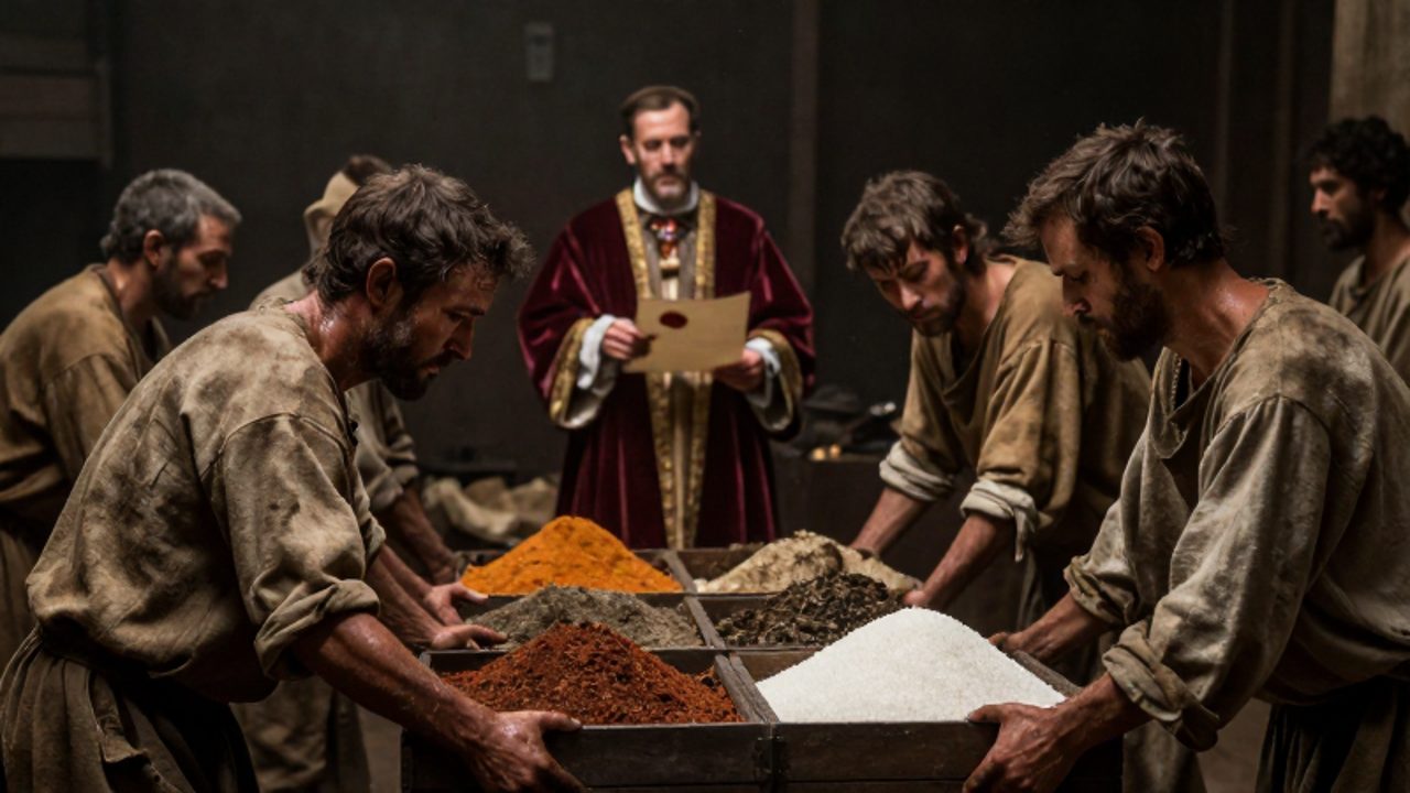 Trabajadores de aspecto cansado manipulan cajas de especias y azúcar en un almacén oscuro, mientras un comerciante con ropas lujosas observa desde las sombras sosteniendo un decreto real.