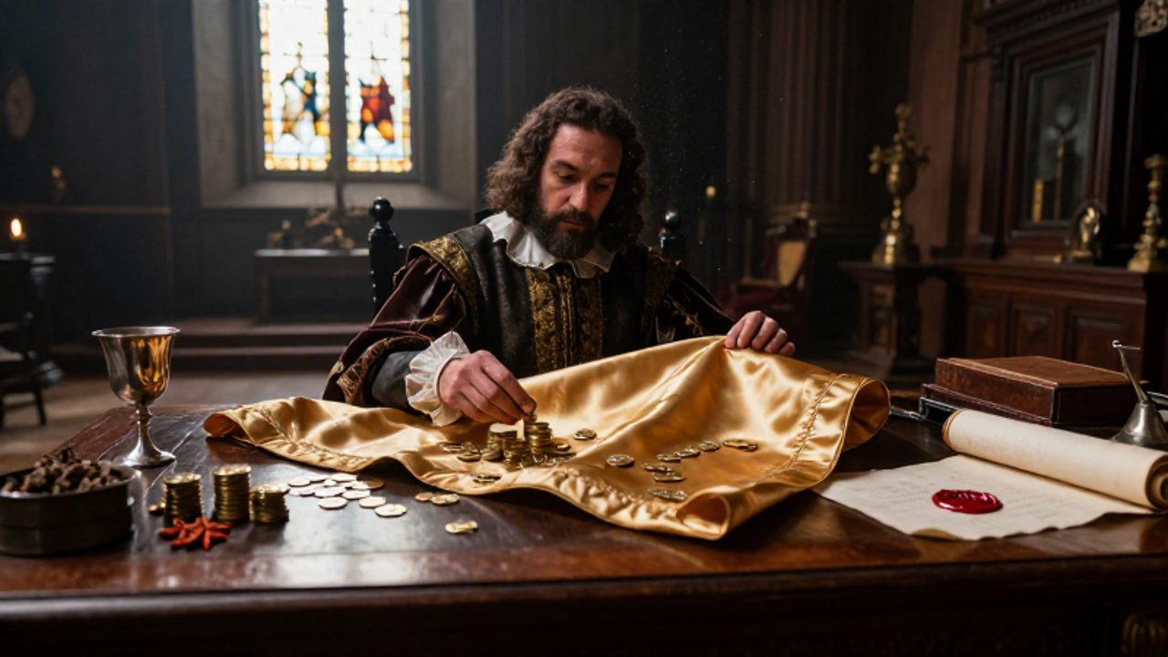 Un mercader del siglo XVII inspecciona seda y monedas de oro sobre un escritorio de madera en un opulento salón de comercio histórico.