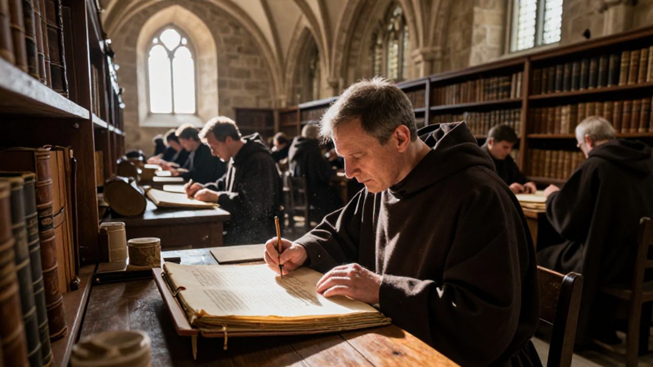 Monjes benedictinos trabajando en un scriptorium medieval, algunos iluminando manuscritos en escritorios de madera y otros organizando libros en estanterías de piedra.