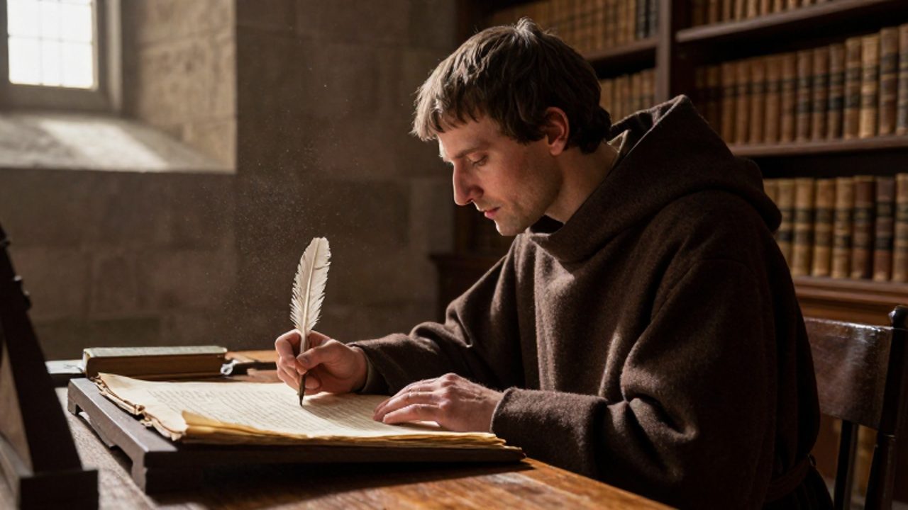 Un monje benedictino con hábito marrón trabaja concentrado iluminando un manuscrito sobre un escritorio de madera en un scriptorium iluminado por la luz natural.