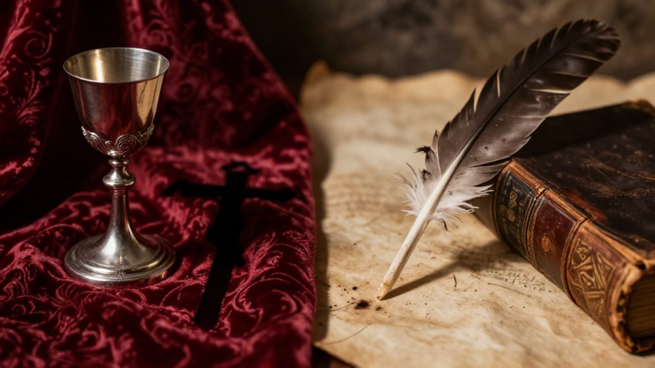 Contraste visual entre un cáliz de plata sobre terciopelo rojo con una sombra de crucifijo y un pergamino con pluma y un libro antiguo de cuero.