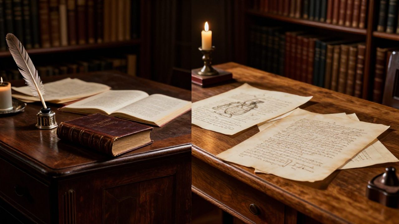 Dos escritorios históricos contrapuestos: uno de roble oscuro con luz dramática y elementos barrocos, y otro de madera clara con luz natural y estilo renacentista inglés.