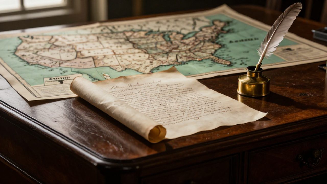 Escritorio de madera con un documento oficial de época, una pluma y un tintero, frente a un mapa histórico de los Estados Unidos de mediados del siglo XIX.