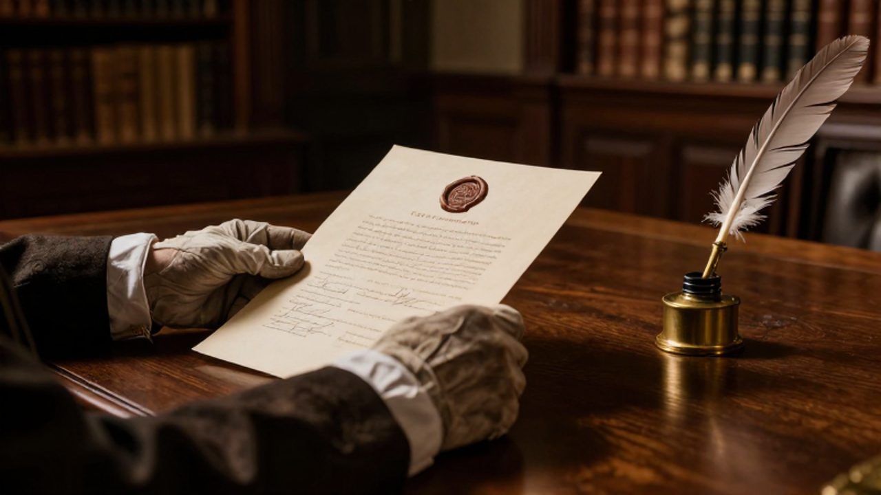 Unas manos con guantes sostienen un documento de pergamino con un sello de cera y firmas sobre una mesa de madera en una sala histórica.