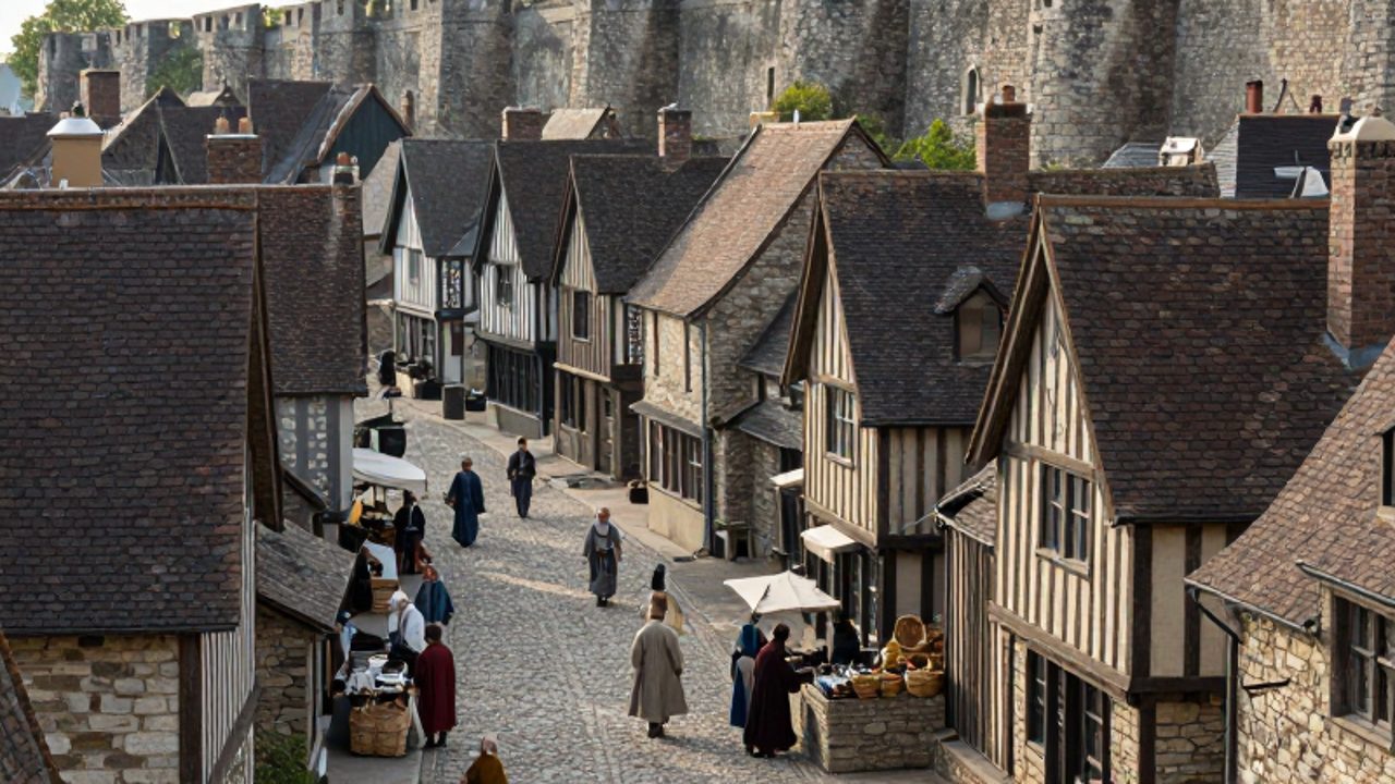 Mercaderes y aldeanos interactúan en una estrecha calle de empedrado rodeada de casas de madera y estructuras de piedra dentro de una villa medieval amurallada.
