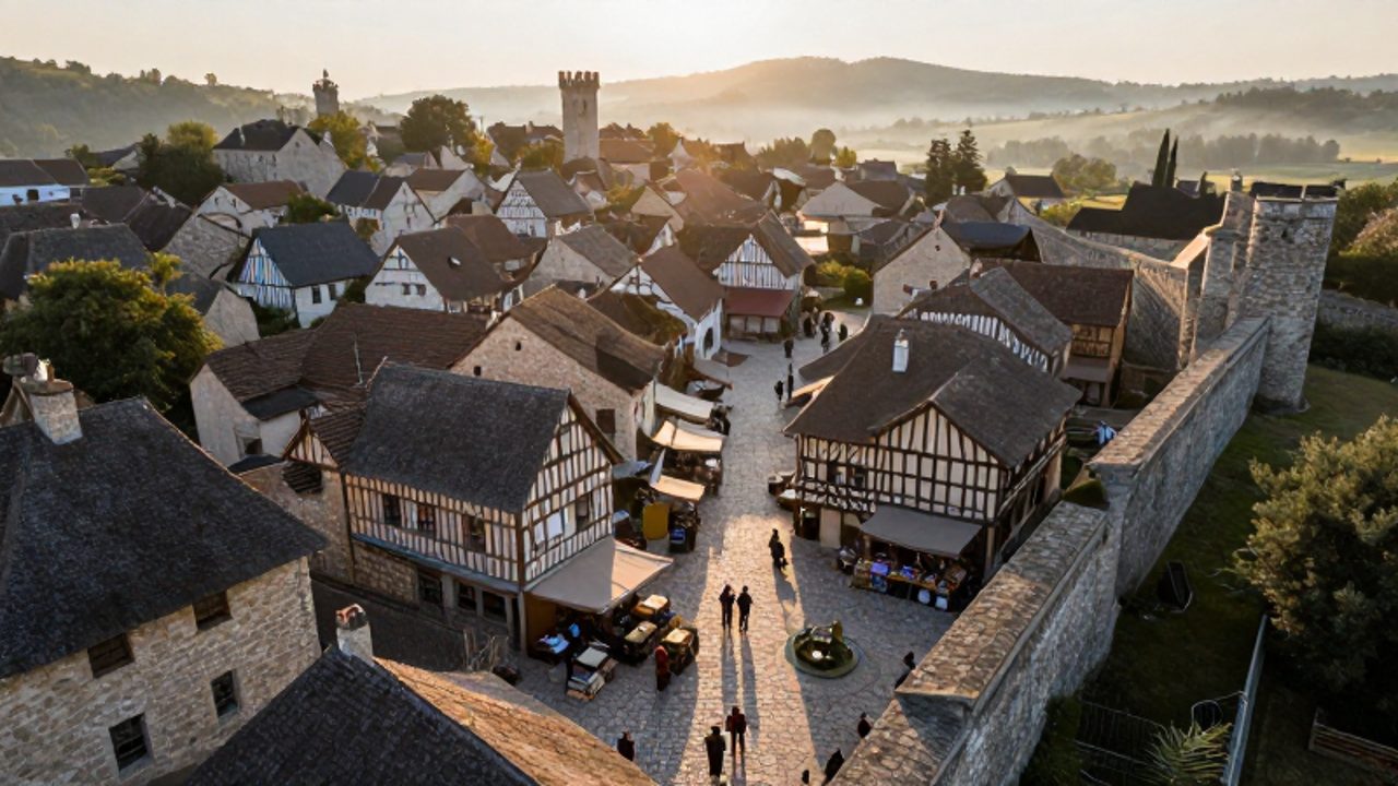 Vista aérea de una villa medieval amurallada al amanecer, con casas de entramado de madera, calles estrechas y un mercado con mercaderes en su centro.
