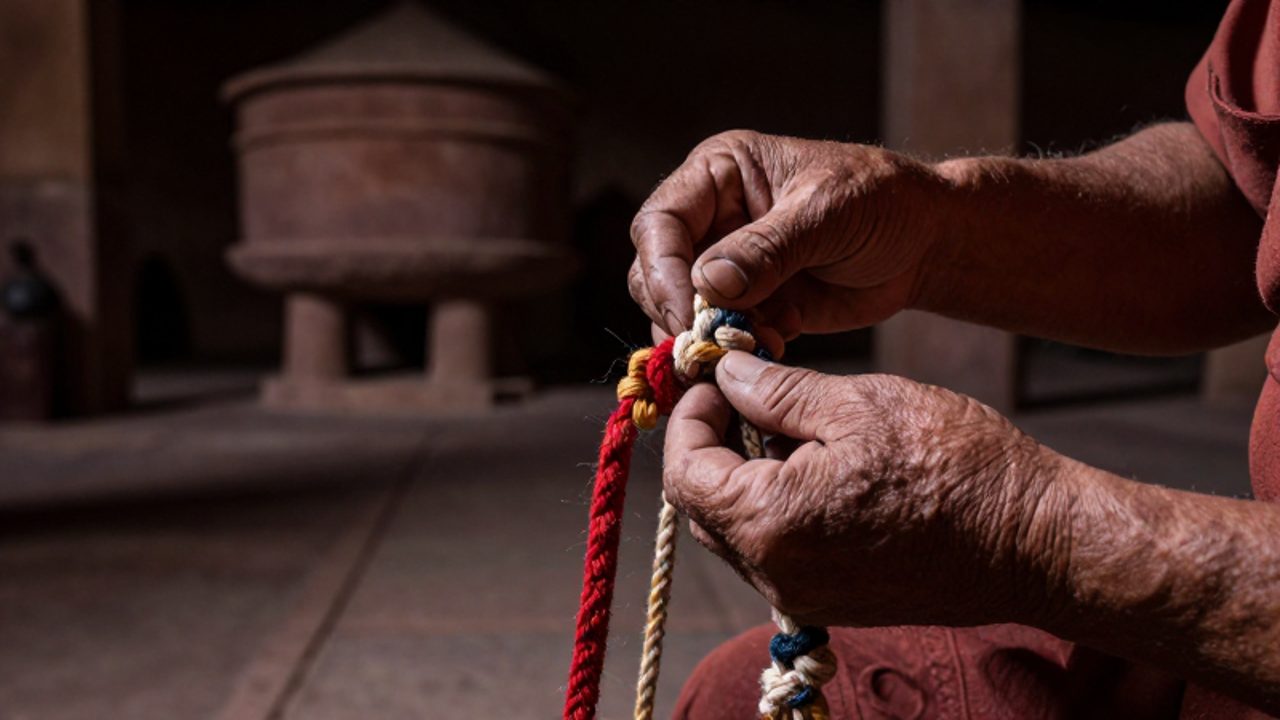 Manos de un funcionario inca manipulando los nudos de un quipu en una estancia de piedra, sugiriendo la gestión irregular de recursos.