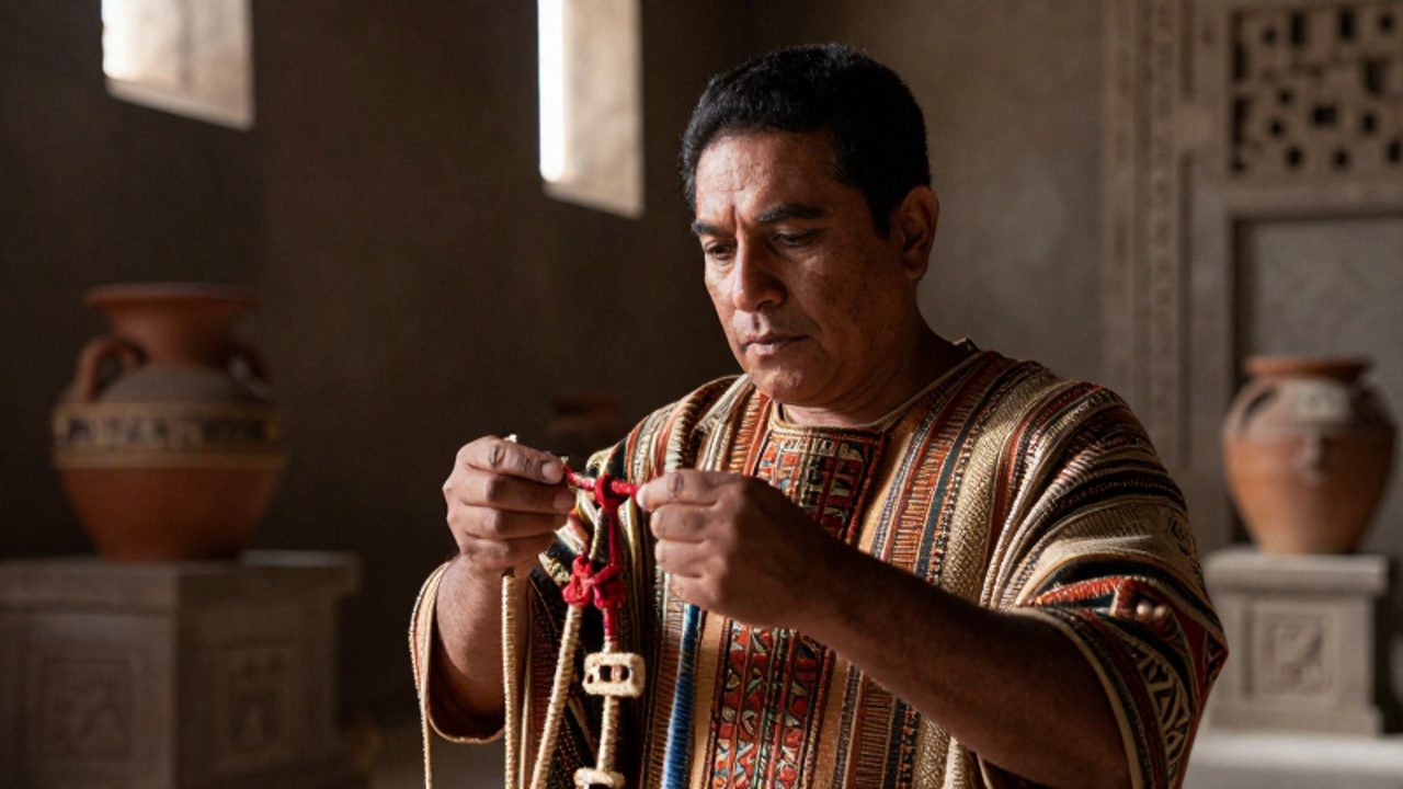 Un funcionario inca de alto rango manipula con gesto cauteloso un quipu en una habitación de piedra.