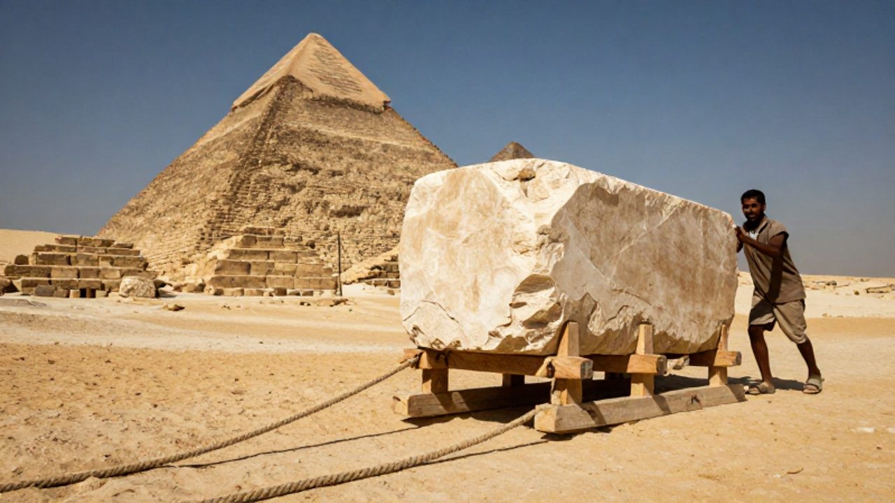 Trabajadores egipcios arrastran un enorme bloque de piedra caliza sobre un trineo de madera en un sitio de construcción junto a una pirámide en formación.