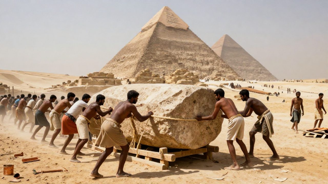 Grupo de trabajadores egipcios arrastrando un enorme bloque de piedra sobre un trineo de madera frente a una pirámide en construcción.