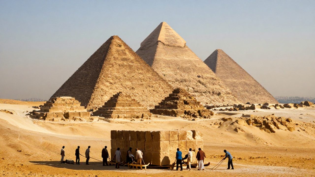 Grupos de trabajadores posicionan grandes bloques de piedra caliza mediante trineos de madera frente a las pirámides de Giza durante el antiguo Egipto.