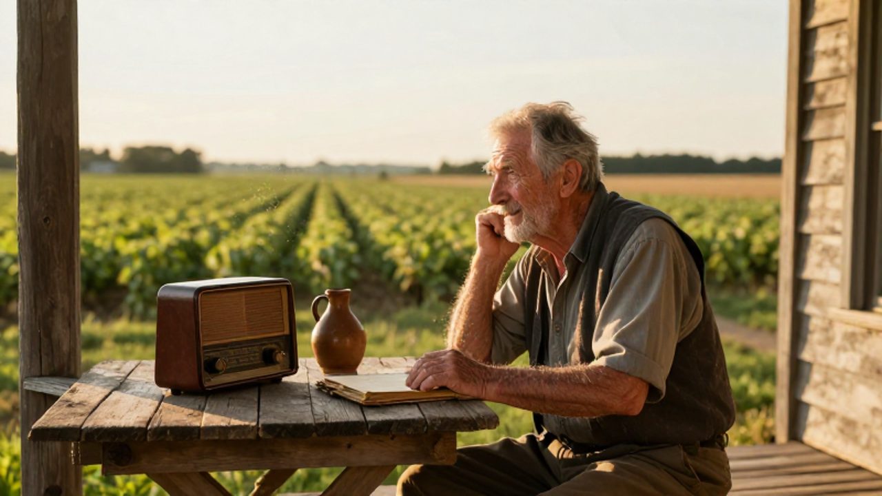 Un agricultor de principios del siglo XX escucha atentamente una radio antigua en el porche de su granja frente a un campo de cultivo.