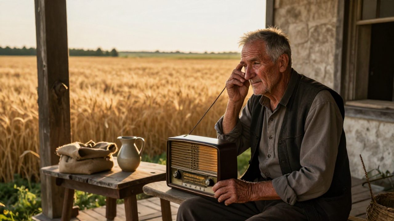 Un agricultor de principios del siglo XX escucha con atención una radio antigua en el porche de su granja frente a un extenso campo de trigo.