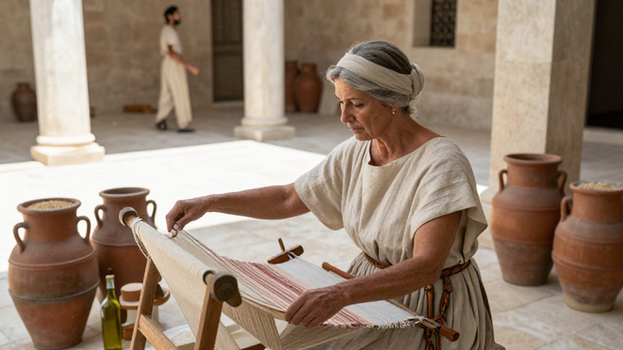 Mujer ateniense supervisando la elaboración de textiles en un telar dentro del patio de una vivienda tradicional griega.
