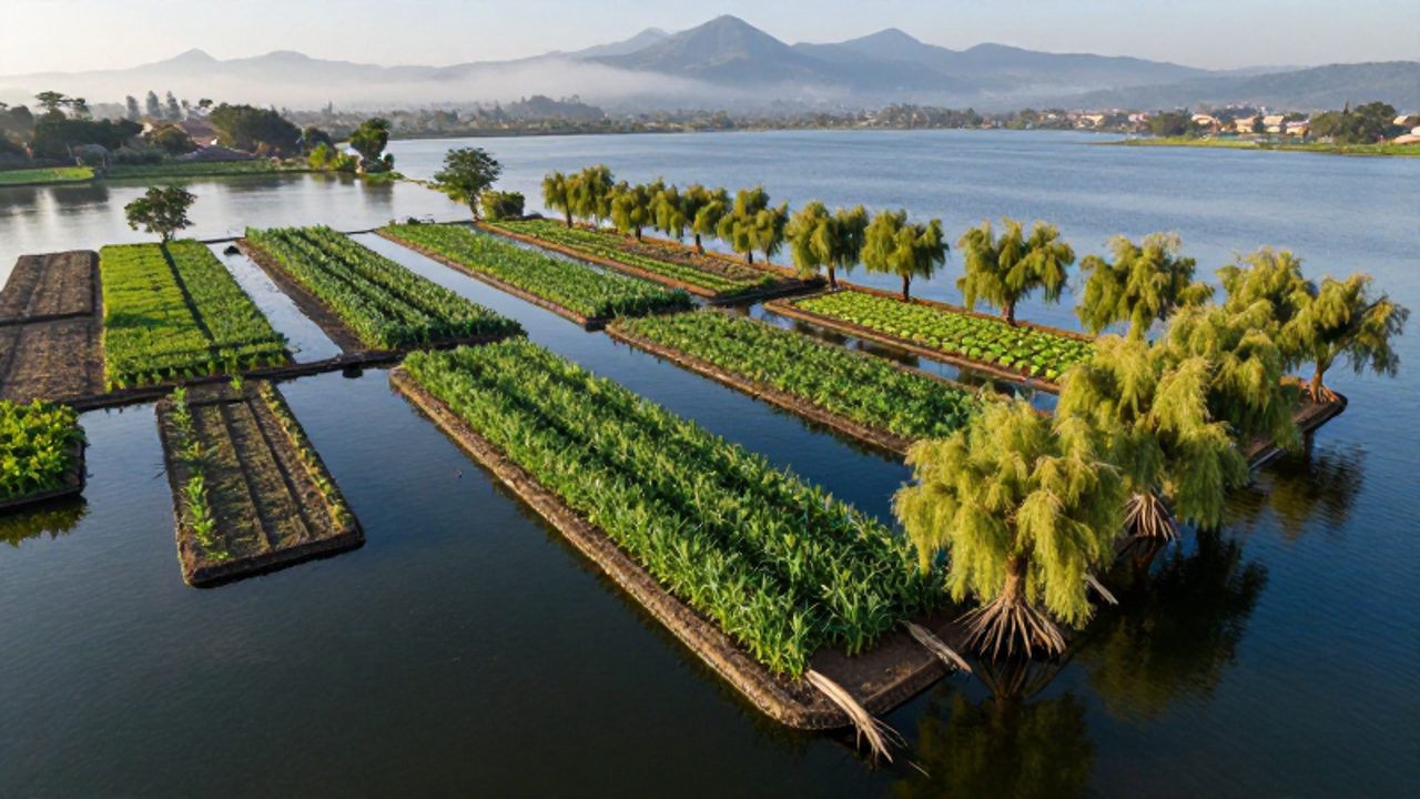 Vista aérea de un sistema de chinampas aztecas con cultivos verdes en islas rectangulares rodeadas de canales y sauces, con montañas volcánicas al fondo.