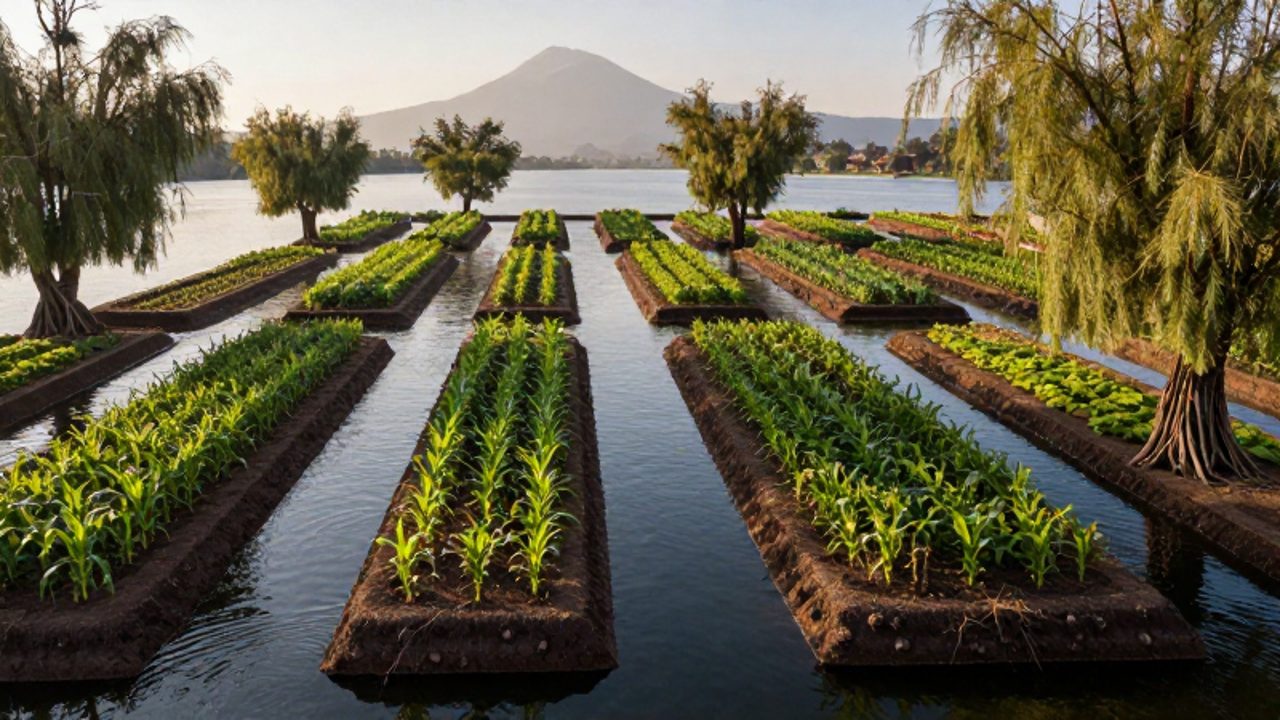 Sistema de chinampas aztecas con huertos rectangulares de cultivos verdes organizados por canales de agua y rodeados de sauces, con volcanes al fondo.