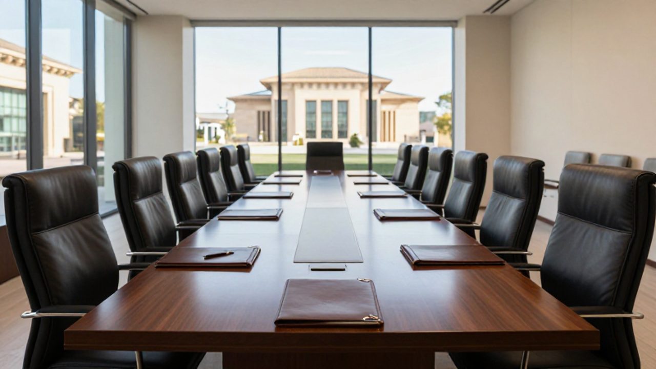 Sala de reuniones institucional con una mesa de madera oscura y sillas de cuero dispuestas de forma jerárquica frente a grandes ventanales.