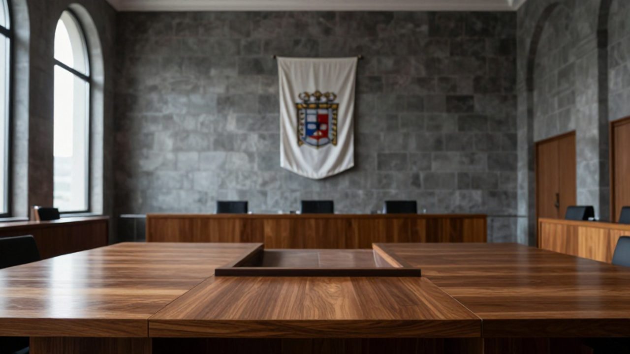 Salón institucional de madera y piedra con una mesa de conferencias y la bandera de Galicia al fondo bajo la luz natural.