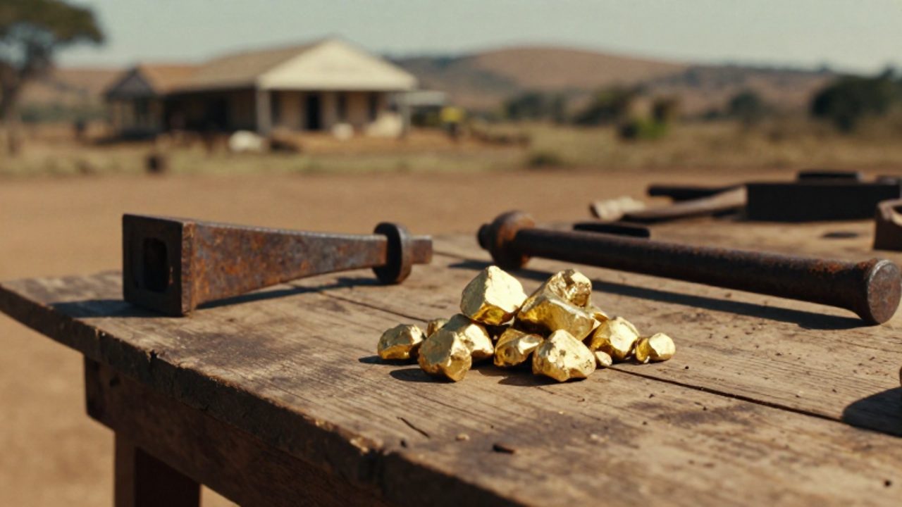 Pepitas de oro en bruto junto a herramientas de minería oxidadas sobre una mesa de madera en un campamento de extracción colonial en Zimbabwe.
