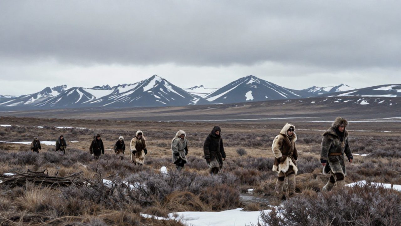 Grupo de cazadores nómadas paleoasiáticos vestidos con pieles atraviesa la vasta y desolada tundra siberiana bajo un cielo nublado.