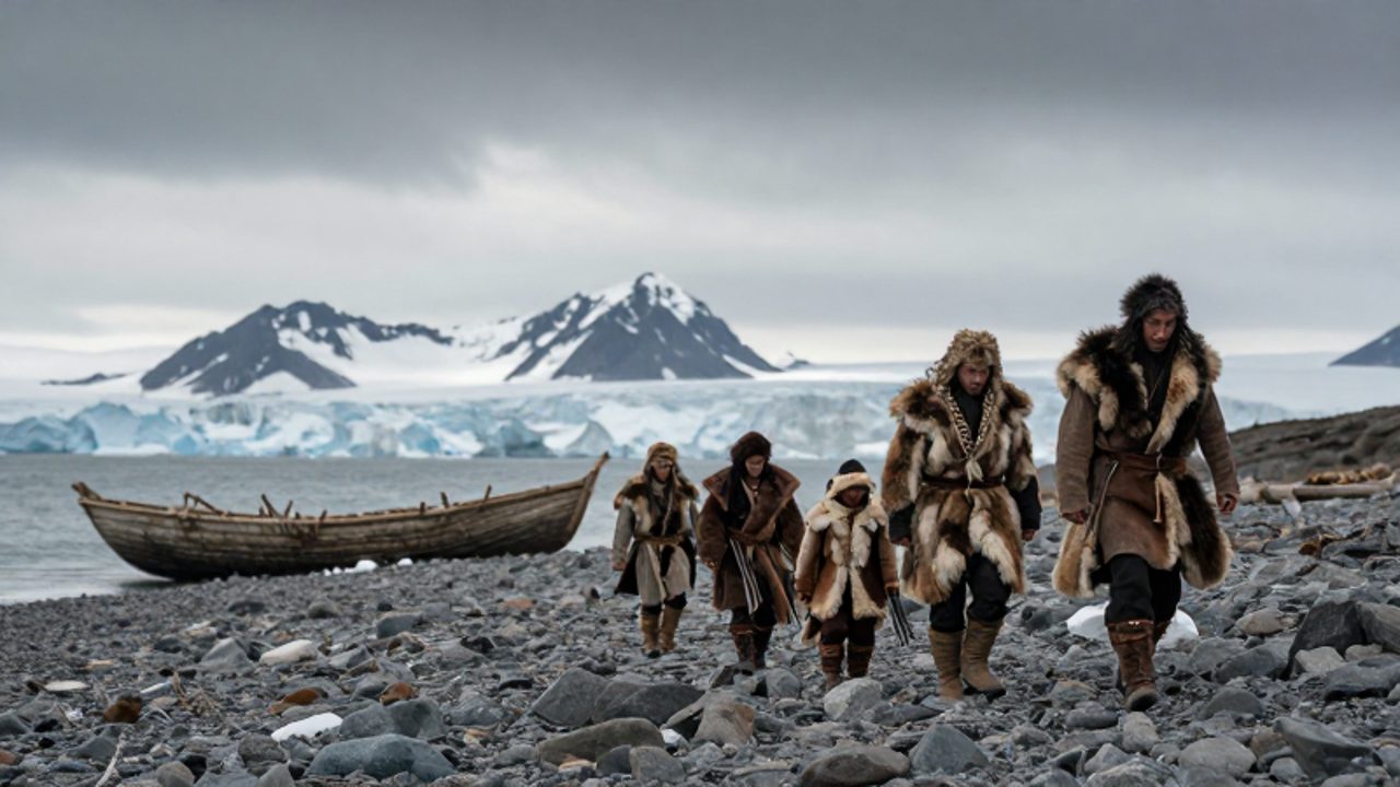 Grupo de nómadas paleoasiáticos vestidos con pieles recorriendo una costa rocosa frente a una cordillera de glaciares.