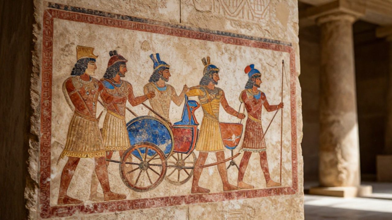 Fresco micénico en una pared de yeso que muestra una procesión de guerreros con armadura de bronce y carros decorados con motivos geométricos.
