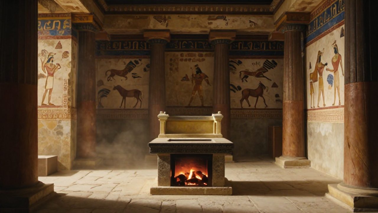 Reconstrucción de un salón del trono micénico con un hogar central rodeado de columnas de madera y paredes decoradas con frescos de guerreros y motivos animales.