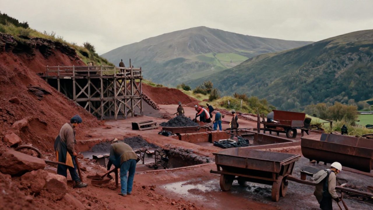 Trabajadores y técnicos del siglo XVIII extraen mineral de hierro en una excavación de montaña con andamios de madera y carros tirados por caballos.