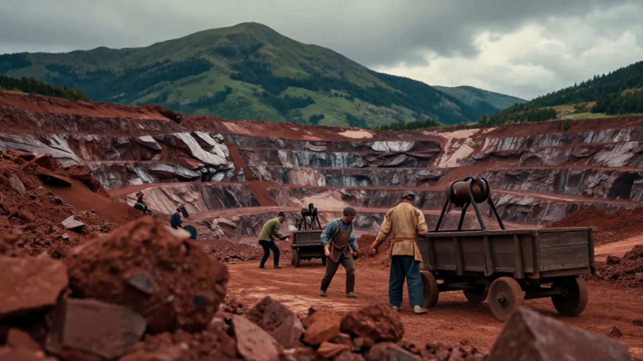 Trabajadores con vestimenta de época operan herramientas y carros de madera en una gran mina de hierro a cielo abierto rodeada de montañas verdes.
