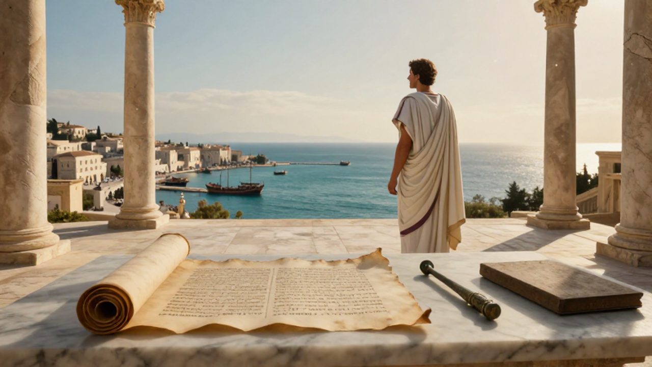 Un funcionario romano con toga observa un puerto mediterráneo lleno de barcos desde una columnata, con un pergamino y útiles de escritura sobre una mesa de mármol.
