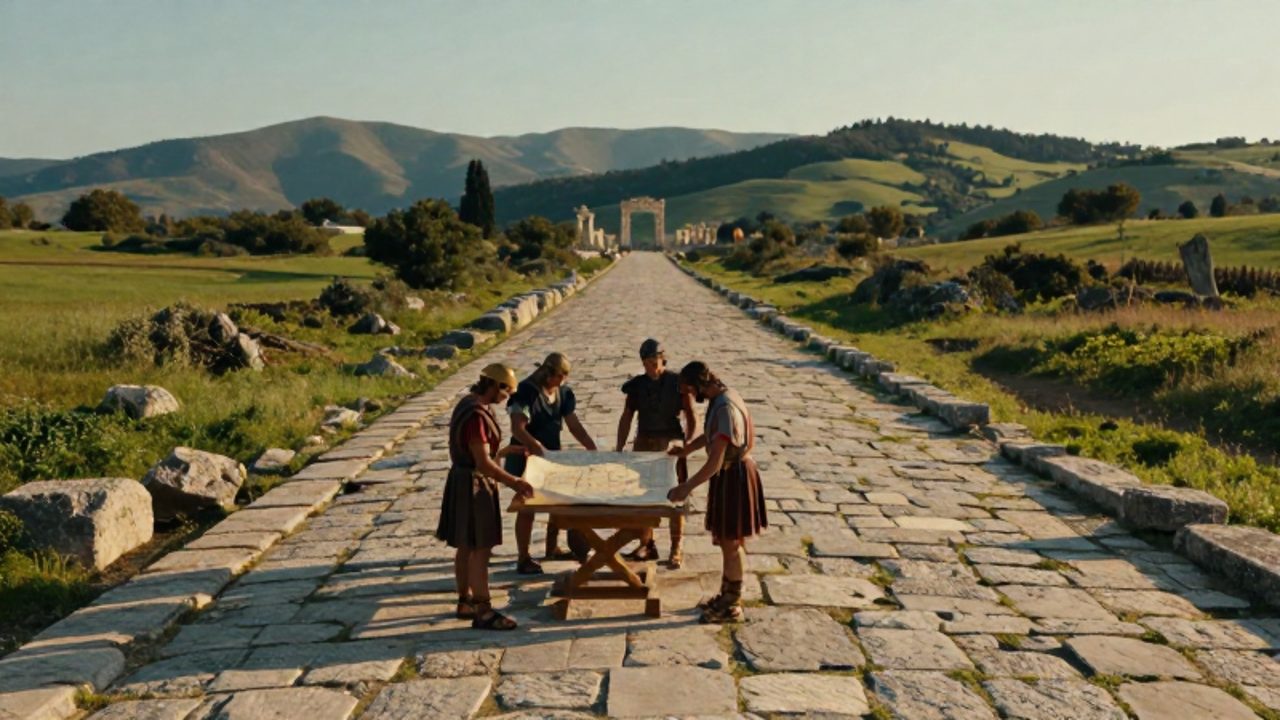 Ingenieros y soldados romanos planifican una expansión sobre un mapa junto a una calzada de piedra que atraviesa un paisaje mediterráneo.