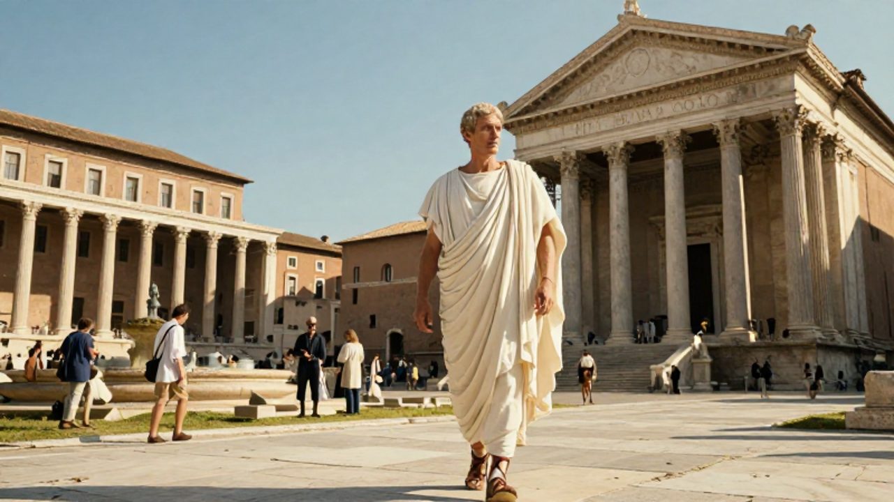 Un estadista romano con toga camina por un foro monumental rodeado de templos de mármol y ciudadanos en una escena de prosperidad y orden.