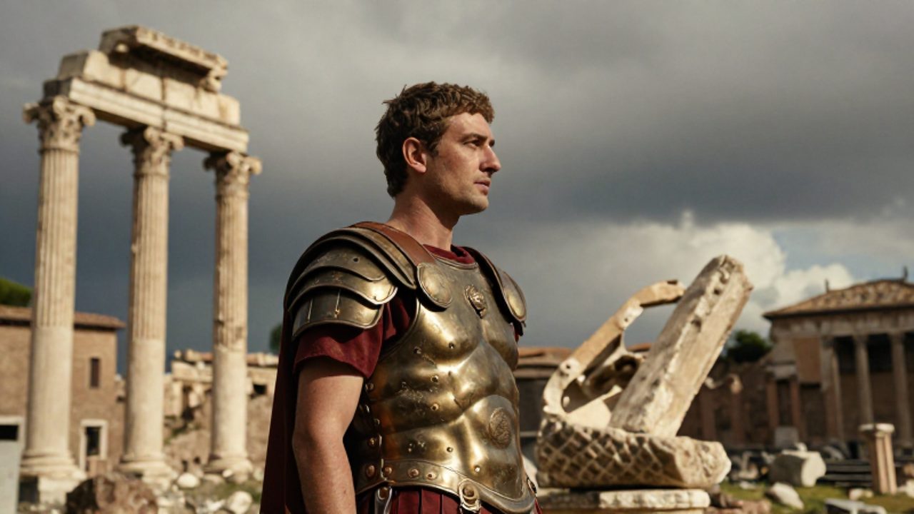 Un centurión romano con armadura desgastada observa con fatiga las ruinas de un foro de mármol bajo un cielo de tormenta.