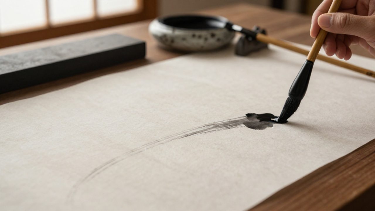 Trazo de tinta negra con técnica de sumi-e aplicándose sobre papel de arroz en un escritorio de madera minimalista.