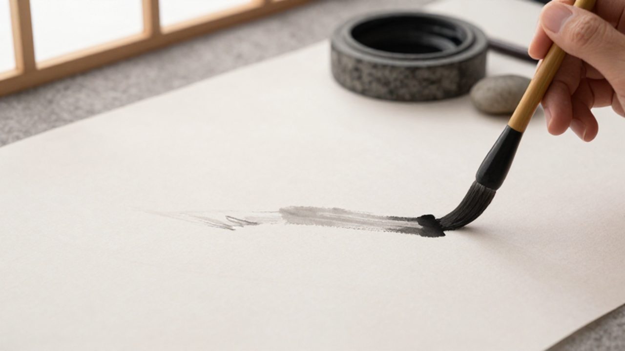 Una mano aplica un trazo de tinta negra con un pincel sobre papel de arroz, dejando amplios espacios vacíos que reflejan el concepto de minimalismo en la pintura tradicional.