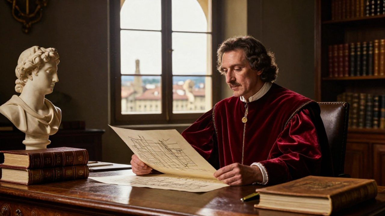 Un estadista renacentista estudia un pergamino arquitectónico en un escritorio de madera, rodeado de libros y un busto de mármol con vistas a Florencia.