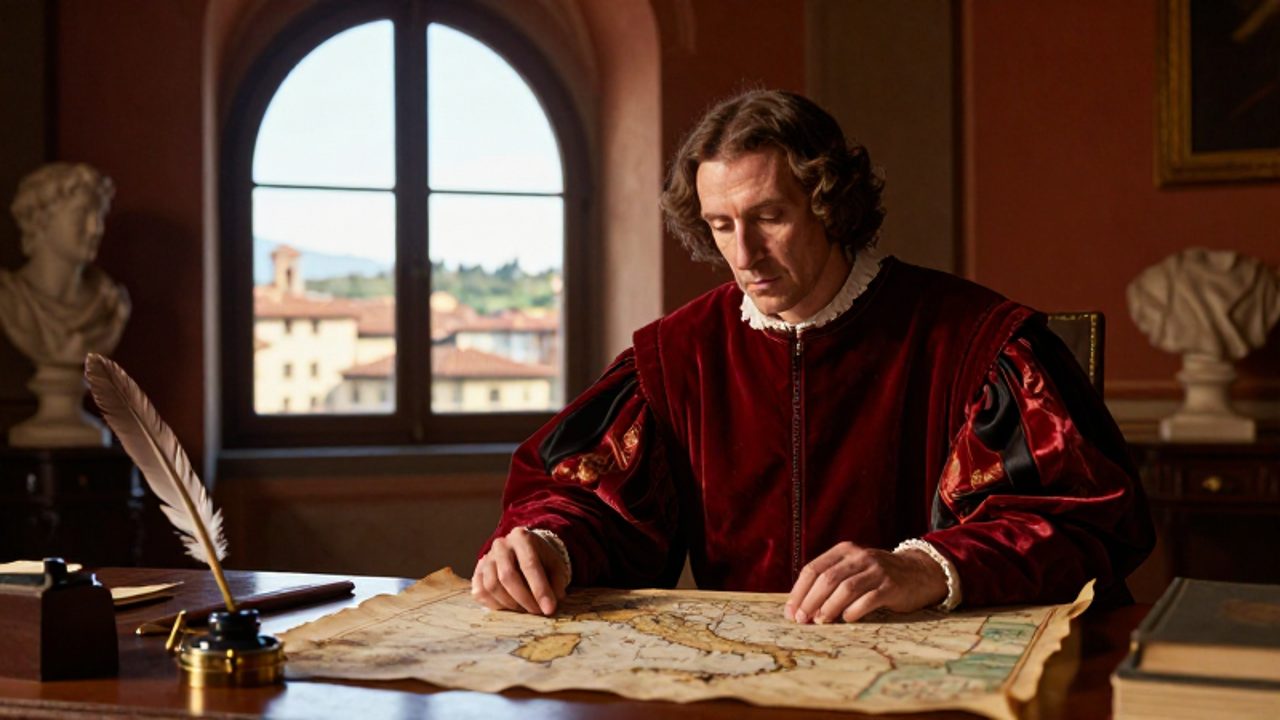 Lorenzo de Medici, vestido con túnicas de terciopelo, analiza un mapa antiguo sobre un escritorio en un estudio florentino con vistas a la ciudad de Toscana.