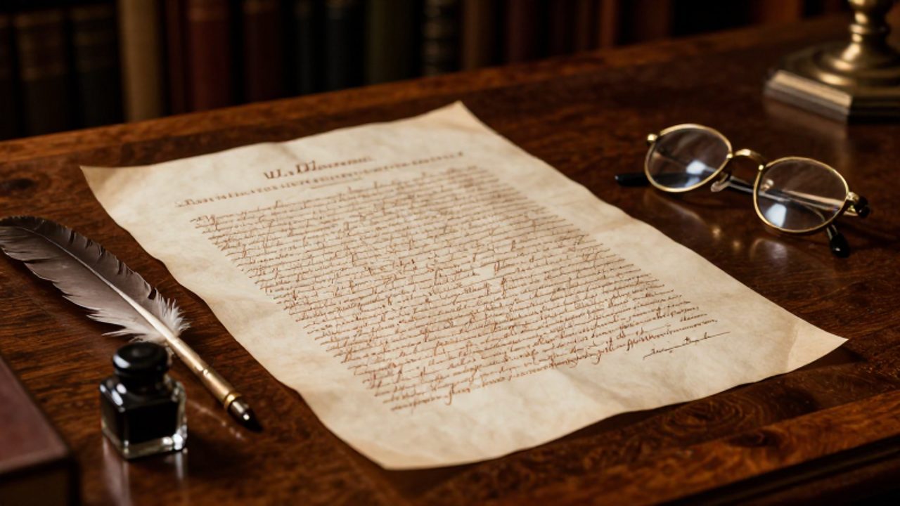 Documento de la Constitución de EE. UU. escrito en pergamino antiguo con una pluma y anteojos sobre un escritorio de madera en una biblioteca.
